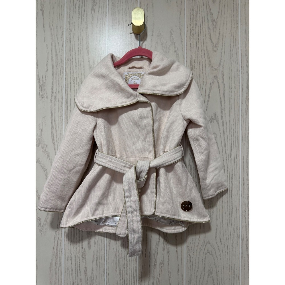 Disney Princess Girls Cream Herringbone Pea Coat Gold Trim Belted Size 4